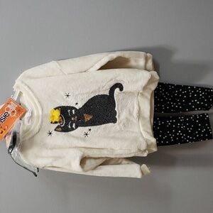 Kensie Girl 3-piece Plush Cream Top with Cat, Star Print Leggings, Headband